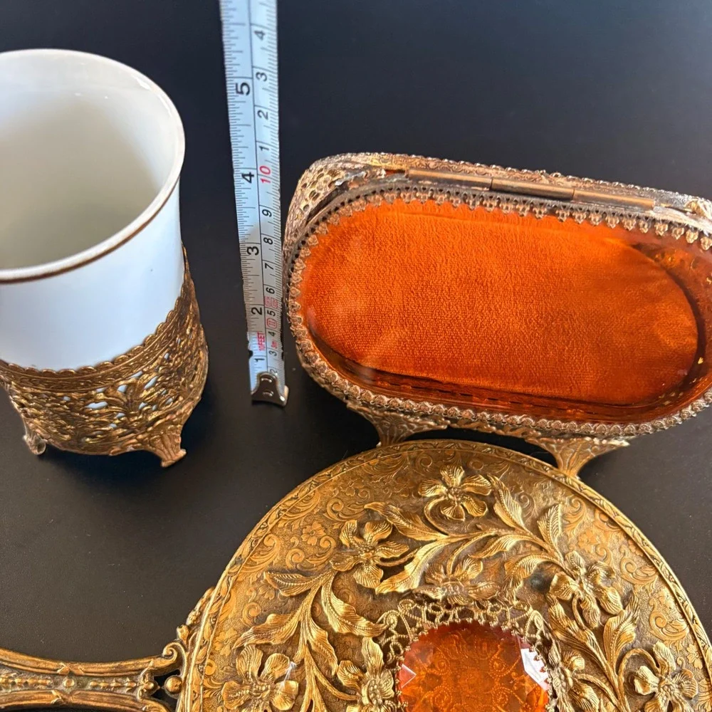 Antique vanity set trinkets case hand mirror‎ brush cup 4 pc amber glass